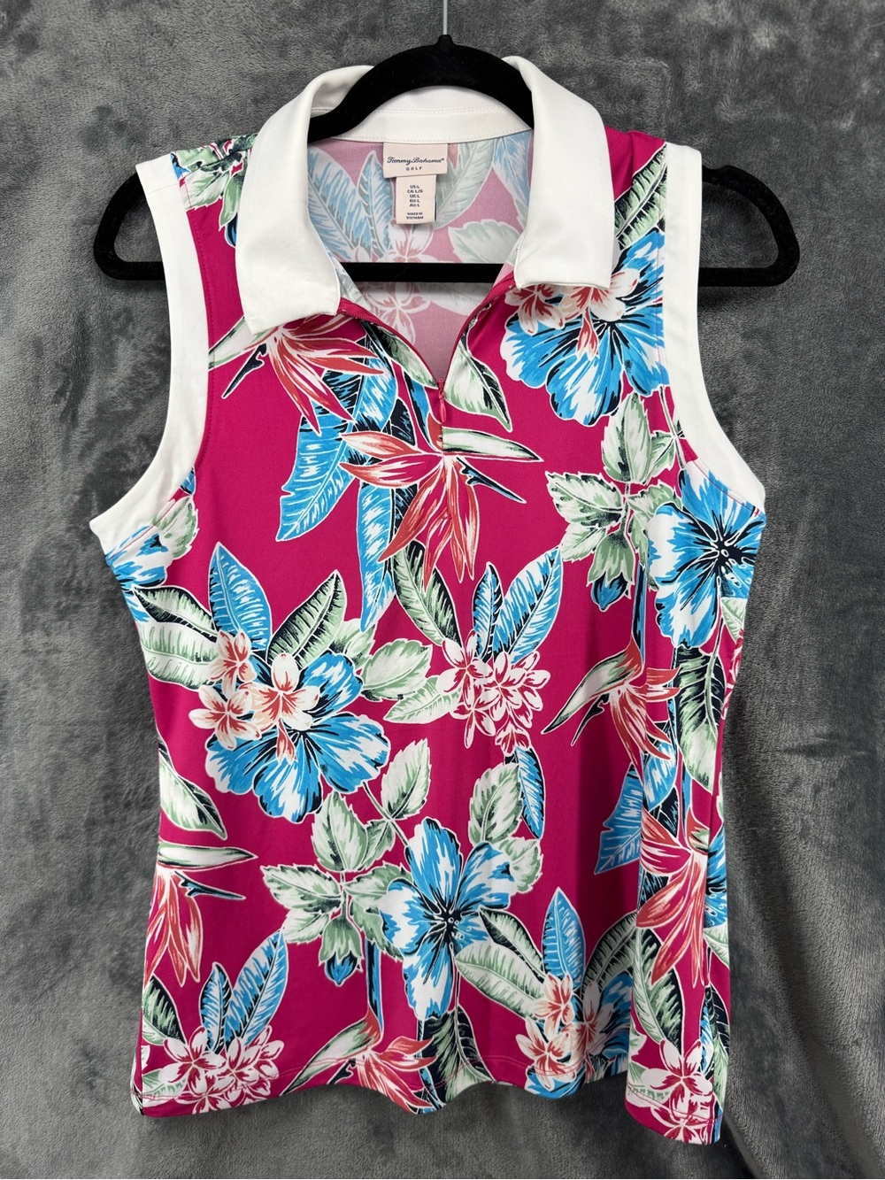 Tommy Bahama Pink Tropical Floral Collared 1/4 Zip Tank Top UPF50 Large